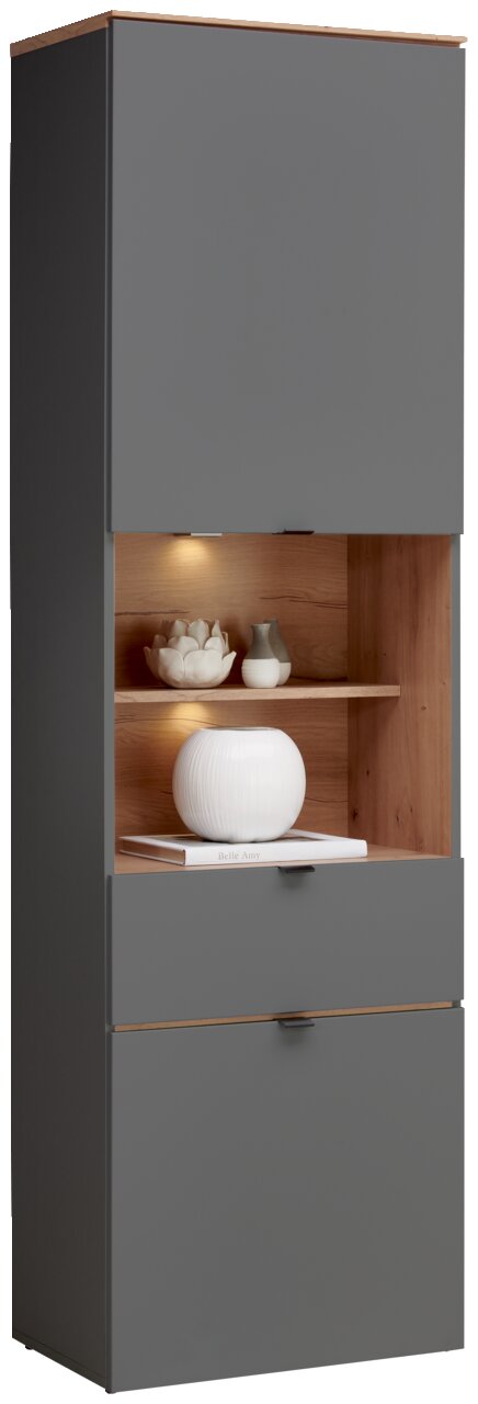 Hom´in Vitrine DIANA Graue Vitrine mit Holzdetails, zwei geschlossenen Fächern und einem offenen Fach mit Beleuchtung, frontal betrachtet.