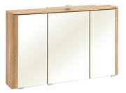 Dreiteiliger Spiegelschrank fürs Bad mit Holzrahmen und drei verspiegelten Türen, frontal in leichter Schrägansicht von vorne auf weißem Hintergrund