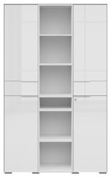 Moderner weißer Aktenschrank mit zwei Türen und offenen Regalfächern, Frontalansicht