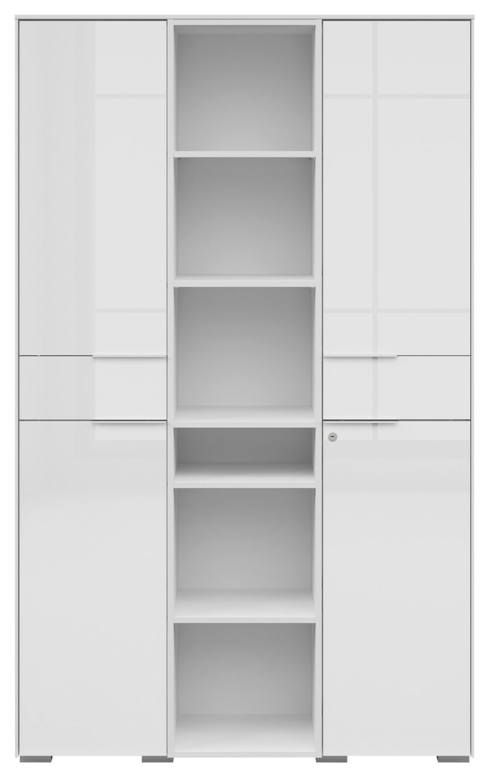 Moderner weißer Aktenschrank mit zwei Türen und offenen Regalfächern, Frontalansicht