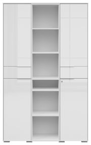 Moderner weißer Aktenschrank mit zwei Türen und offenen Regalfächern, Frontalansicht