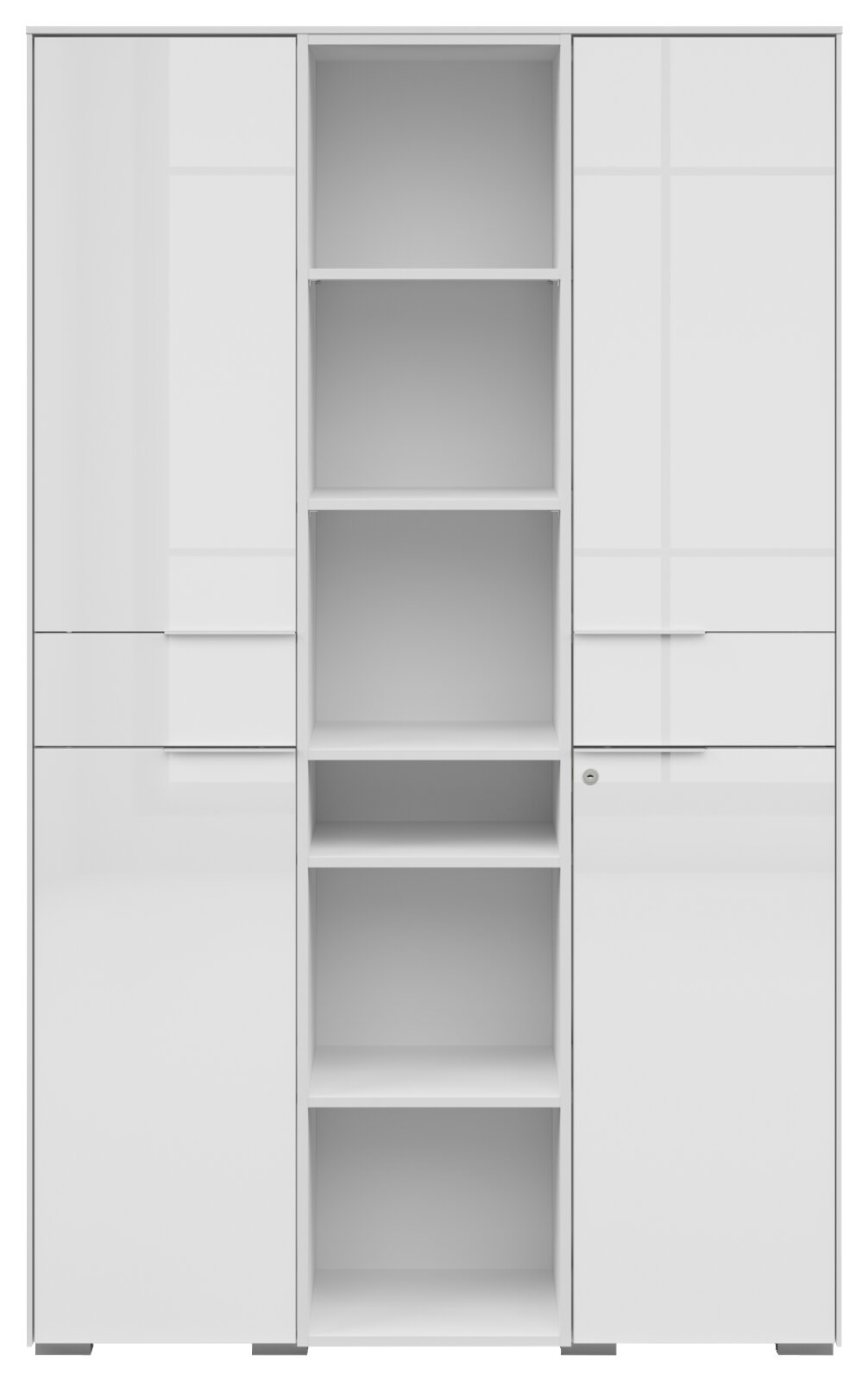 Moderner weißer Aktenschrank mit zwei Türen und offenen Regalfächern, Frontalansicht