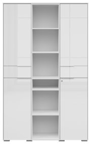 Moderner weißer Aktenschrank mit zwei Türen und offenen Regalfächern, Frontalansicht