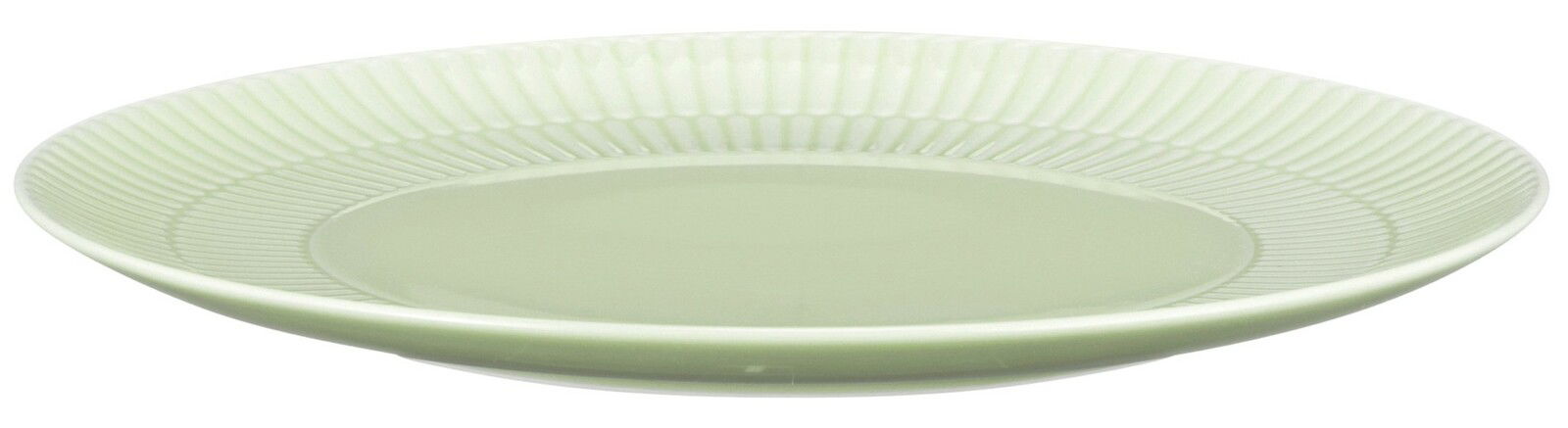 Runder Frühstücksteller, 22,5 cm, in sanftem Grün mit geriffeltem Rand, seitliche Perspektive