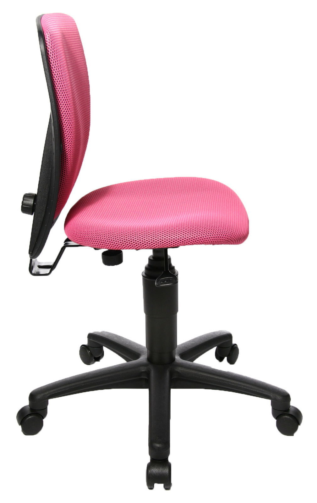Topstar Kinder- und Jugendstuhl HIGH S´COOL Seitenansicht eines pinkfarbenen Kinder- und Jugendstuhls mit schwarzem Drehfuß und Rollen.