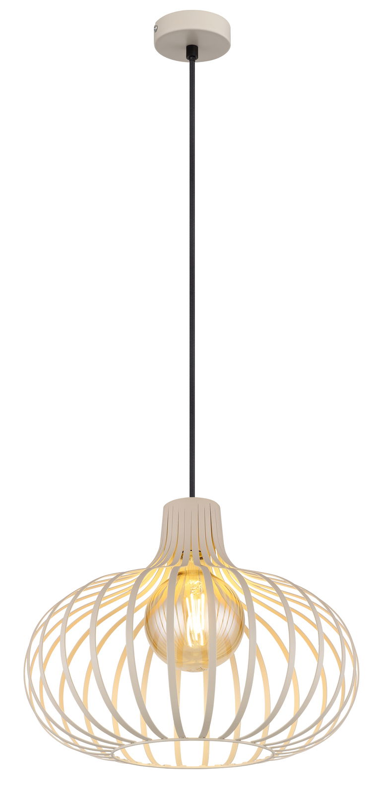 Moderne Hängeleuchte mit offenem, kugelförmigem Design aus Metallstreben, seitliche Perspektive