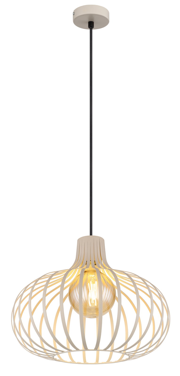 Moderne Hängeleuchte mit offenem, kugelförmigem Design aus Metallstreben, seitliche Perspektive