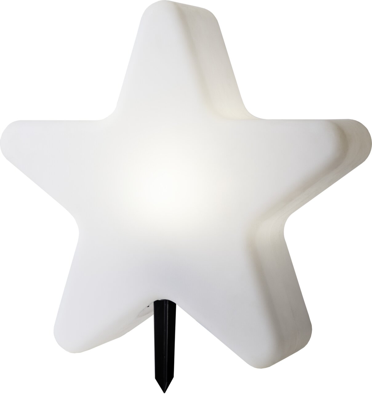 Witte, stervormige LED-sierlamp met zwarte grondpen, vooraanzicht op een witte achtergrond