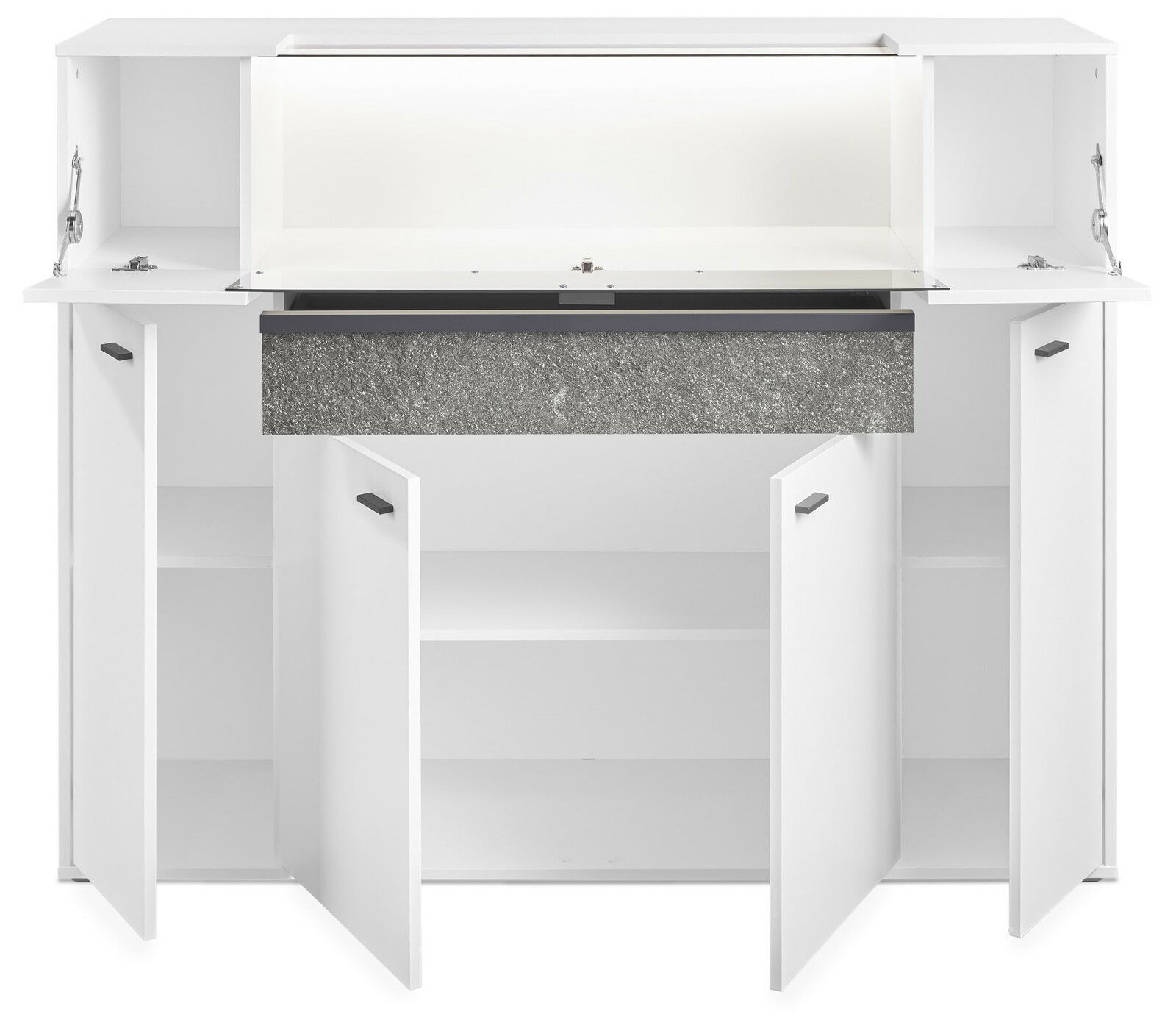 Frontansicht des Highboards DELTONA von Musterring mit offenen Türen und Fächern, modernes Design in Weiß mit grauer Schubladenfront.