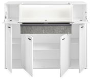 Frontansicht des Highboards DELTONA von Musterring mit offenen Türen und Fächern, modernes Design in Weiß mit grauer Schubladenfront.