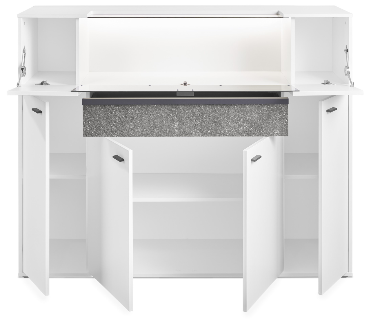 Frontansicht des Highboards DELTONA von Musterring mit offenen Türen und Fächern, modernes Design in Weiß mit grauer Schubladenfront.