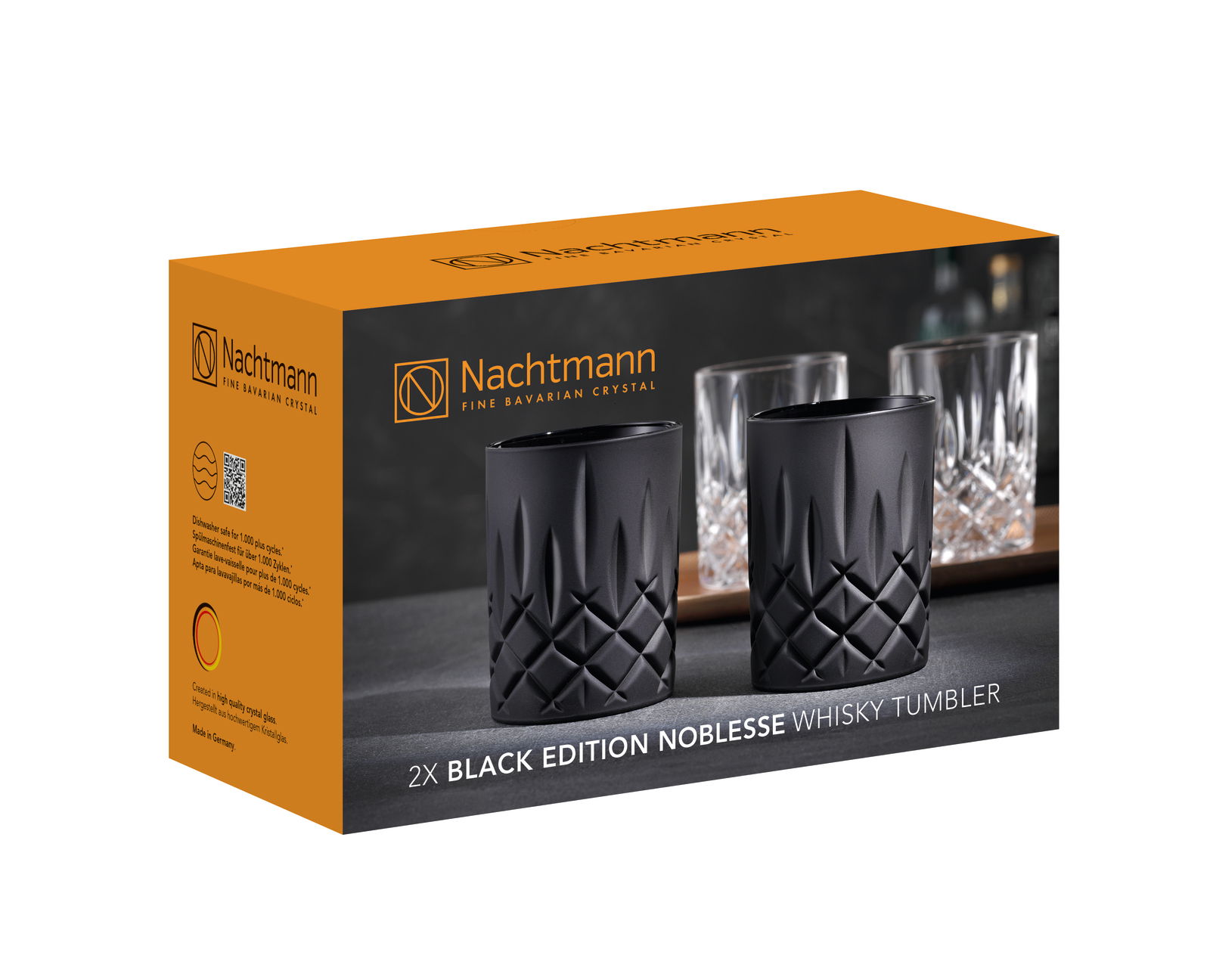Verpackung der Nachtmann Whiskybecher Noblesse Black Edition, Vorderansicht mit zwei schwarzen Kristallgläsern.