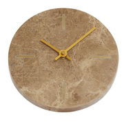 Runde Wanduhr aus braunem Marmor mit goldenen Zeigern, Draufsicht