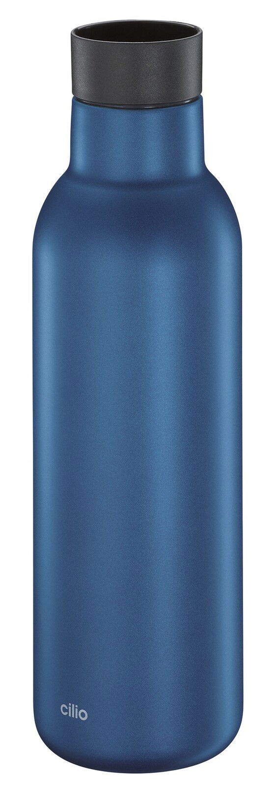 Blaue Isoliertrinkflasche mit schwarzem Deckel, seitliche Ansicht