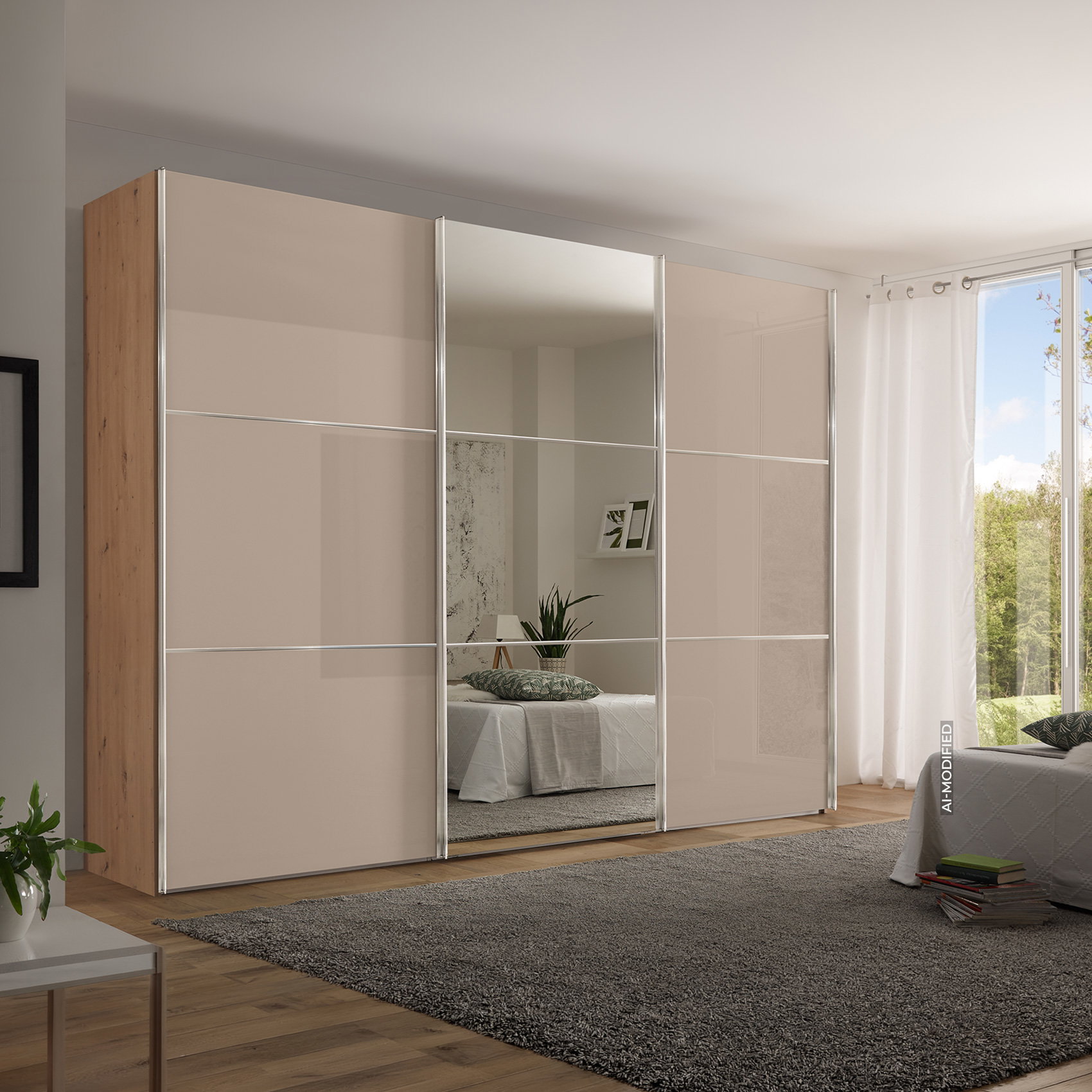 Großer Schwebetürenschrank in Beige und Holzoptik mit mittiger Spiegeltür in einem hellen Schlafzimmer.