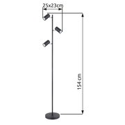 Schwarze Stehleuchte mit drei verstellbaren Strahlern, Höhe 154 cm, Seitenansicht