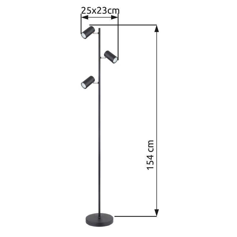 Schwarze Stehleuchte mit drei verstellbaren Strahlern, Höhe 154 cm, Seitenansicht