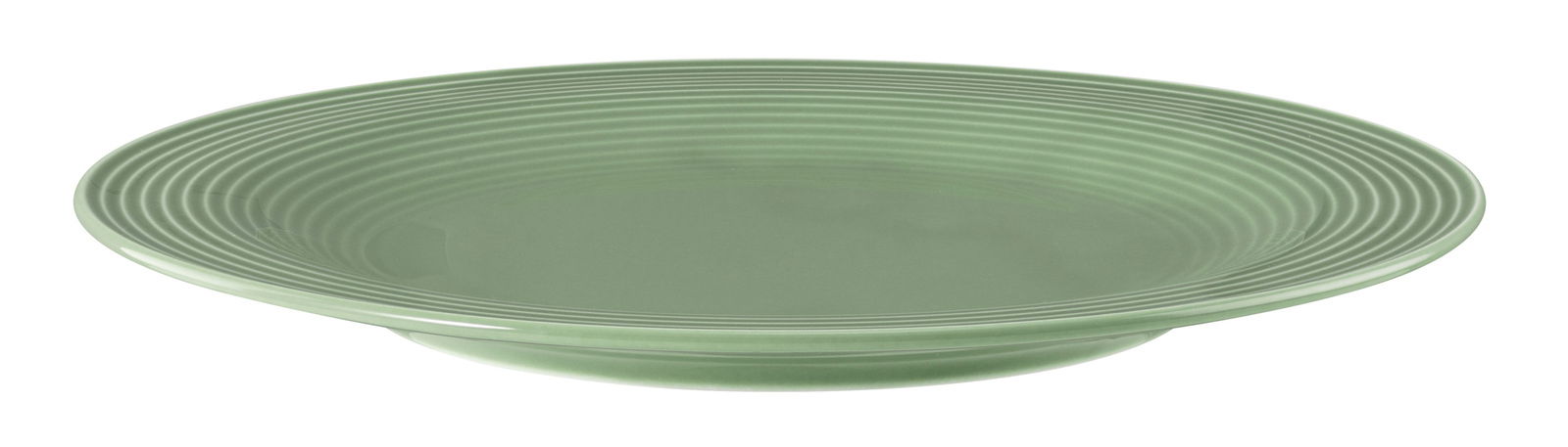 Salbeigrüner Frühstücksteller mit geriffeltem Rand, seitliche Perspektive