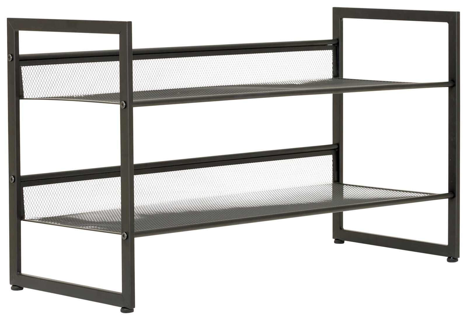 XORA Schoenenrek MENOLA Schwarzes Metallregal mit zwei perforierten Ablageböden und Mesh-Rückwand, freistehend, in schräger Frontansicht von links