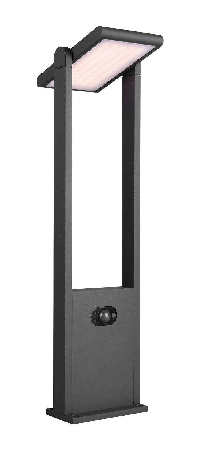 Moderner schwarzer Pfosten Malawi mit rechteckigem LED-Licht, frontal abgebildet.