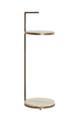 Moderner Beistelltisch mit zwei runden Ablagen aus Holz und einem schlanken Metallrahmen in Seitenansicht.