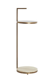 Moderner Beistelltisch mit zwei runden Ablagen aus Holz und einem schlanken Metallrahmen in Seitenansicht.