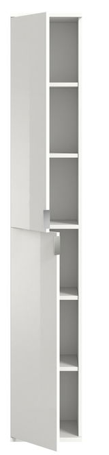 Weißer, schmaler Hochschrank mit mehreren offenen Fächern und zwei teilweise geöffneten Türen, Frontalansicht.