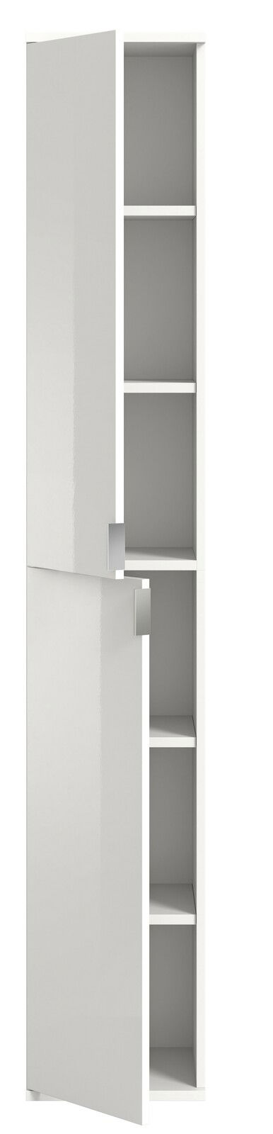 Weißer, schmaler Hochschrank mit mehreren offenen Fächern und zwei teilweise geöffneten Türen, Frontalansicht.