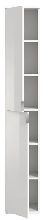Weißer, schmaler Hochschrank mit mehreren offenen Fächern und zwei teilweise geöffneten Türen, Frontalansicht.