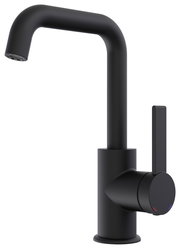 Moderne schwarze Waschtischarmatur mit seitlichem Hebel, seitliche Perspektive