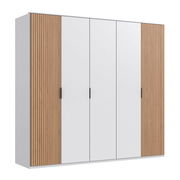 Fünf-türiger Drehtürenschrank mit weißen Türen und Holzpaneelen, Frontalansicht