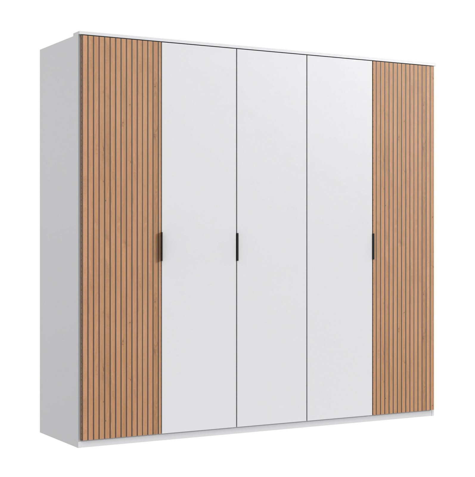 Fünf-türiger Drehtürenschrank mit weißen Türen und Holzpaneelen, Frontalansicht