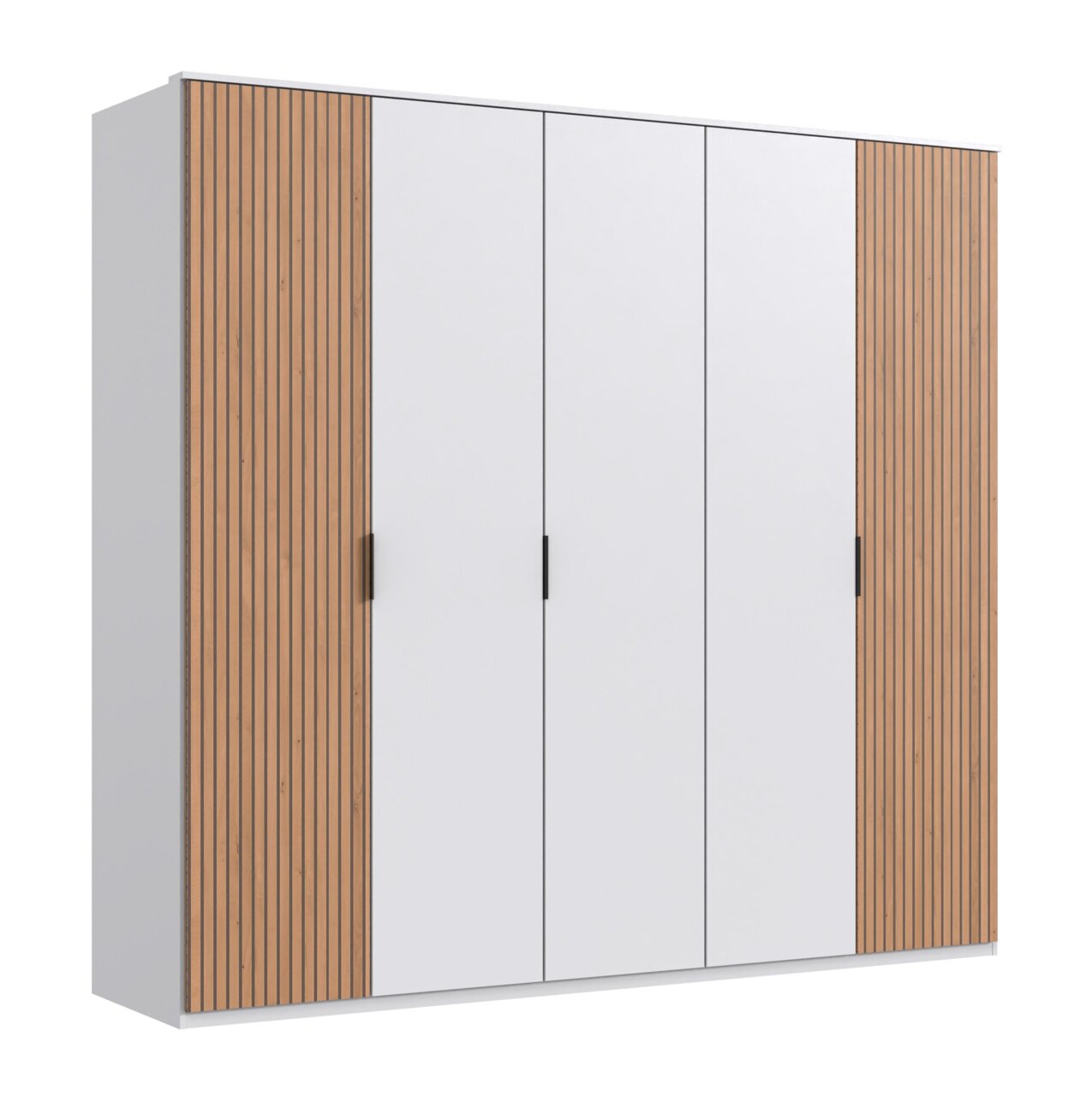 Fünf-türiger Drehtürenschrank mit weißen Türen und Holzpaneelen, Frontalansicht
