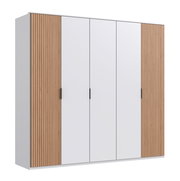 Fünf-türiger Drehtürenschrank mit weißen Türen und Holzpaneelen, Frontalansicht