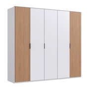 Vijfdeurskast met draaideuren, witte deuren en houten panelen, vooraanzicht