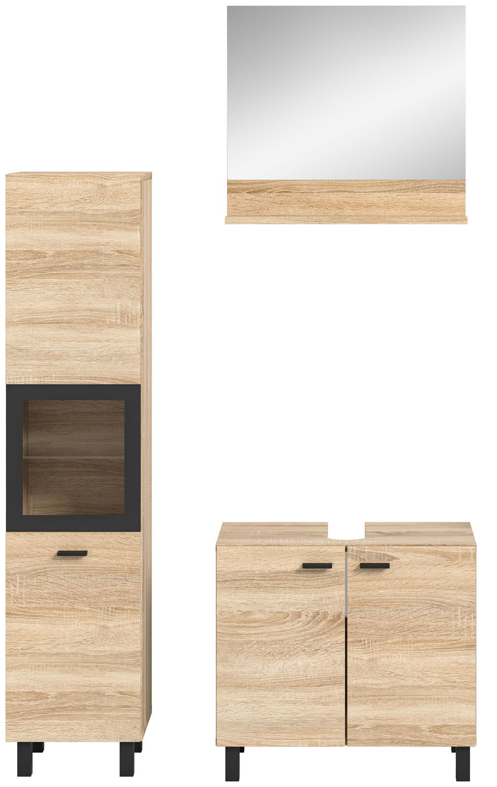 Badkombination aus Holzoptik mit Spiegelschrank, Hochschrank und Unterschrank, frontal betrachtet.
