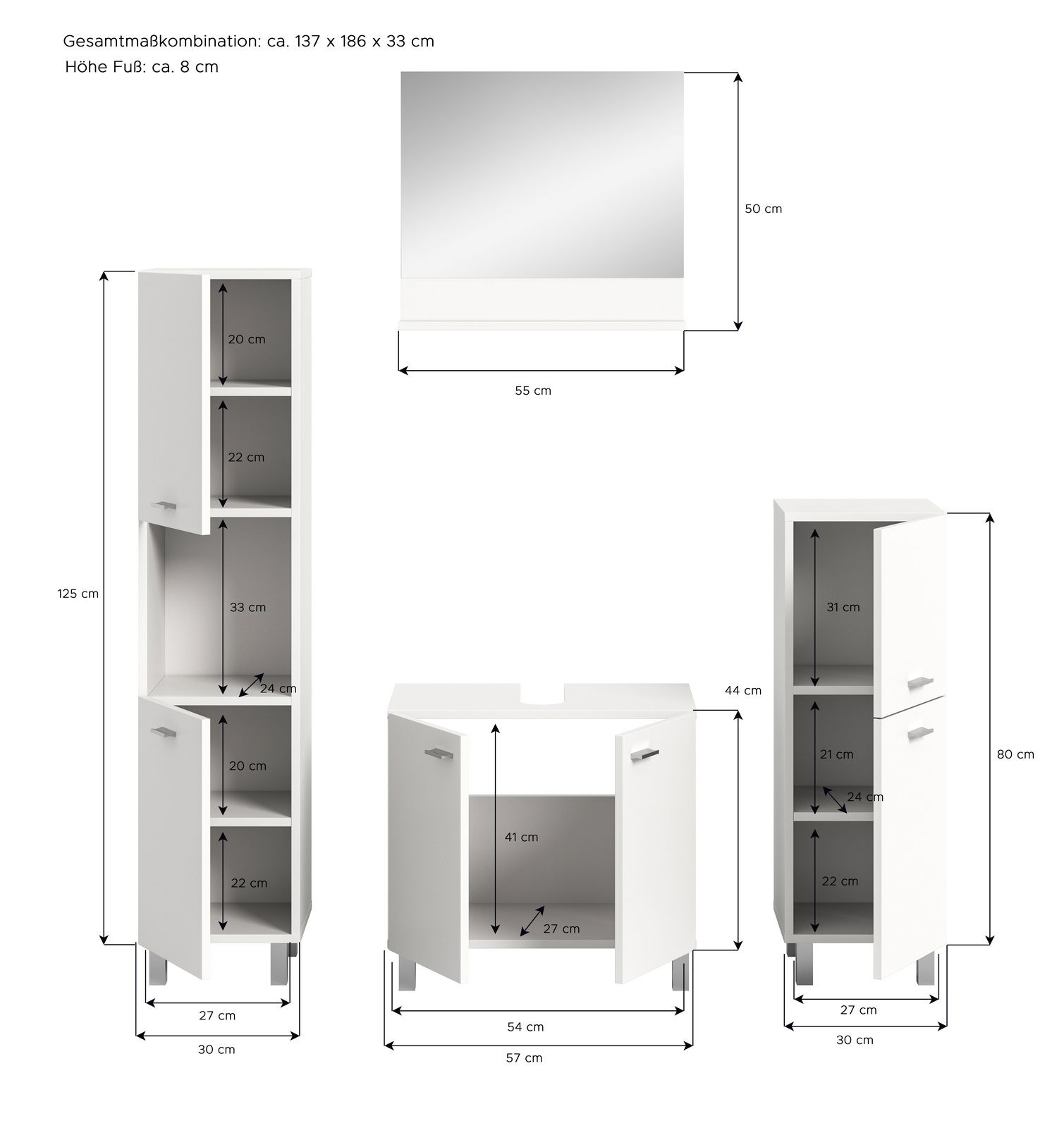 Badkombination BOSTON in Weiß, bestehend aus einem hohen Schrank, einem Waschbeckenunterschrank und einem Spiegel, Gesamtmaße ca. 137 x 186 x 33 cm, Frontalansicht