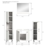 Badkombination BOSTON in Weiß, bestehend aus einem hohen Schrank, einem Waschbeckenunterschrank und einem Spiegel, Gesamtmaße ca. 137 x 186 x 33 cm, Frontalansicht