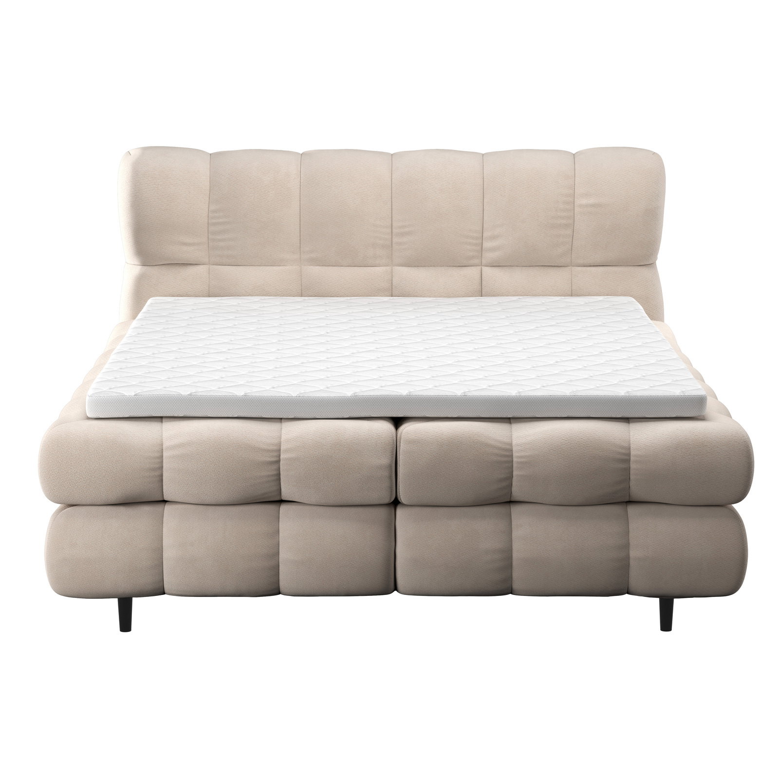 Beiges Boxbett mit gepolstertem Kopfteil und Matratze, Vorderansicht