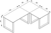Isometrische 3D-Technikzeichnung eines L-förmigen Eckschreibtischs mit Maßangaben (Höhe ca. 76 cm, Platte 140 cm und 80 cm Segmente), perspektivische Ansicht von oben schräg