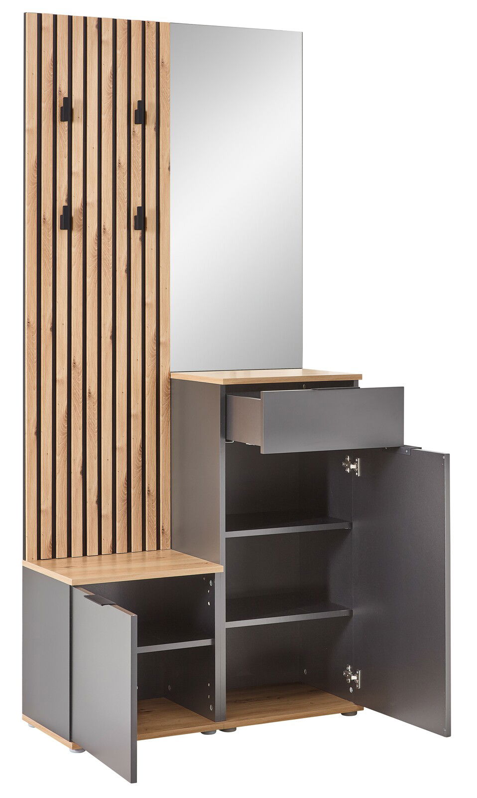 Kompaktgarderobe mit Holz- und Metallelementen, Spiegel und mehreren offenen und geschlossenen Ablagefächern, frontale Perspektive