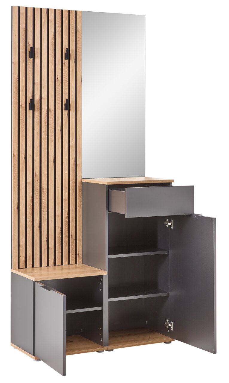 Kompaktgarderobe mit Holz- und Metallelementen, Spiegel und mehreren offenen und geschlossenen Ablagefächern, frontale Perspektive