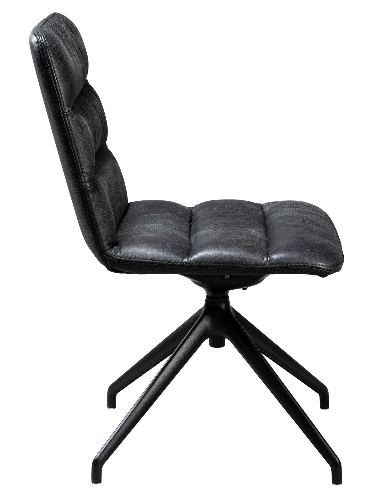 Moderner schwarzer Stuhl mit gepolsterter Sitzfläche und Rückenlehne, seitliche Ansicht