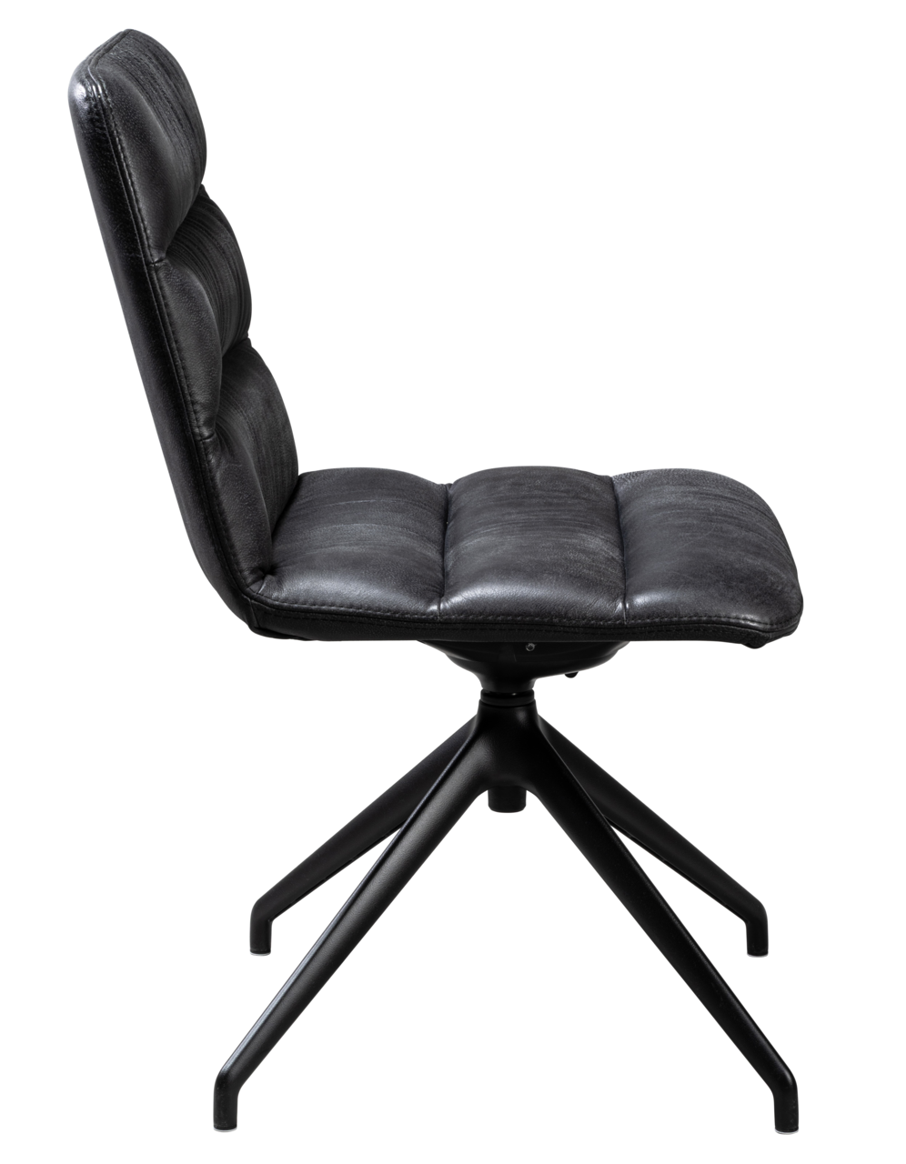 Moderner schwarzer Stuhl mit gepolsterter Sitzfläche und Rückenlehne, seitliche Ansicht