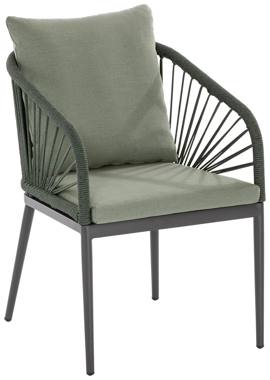 Grüner Designsessel mit Kissen, seitliche Perspektive