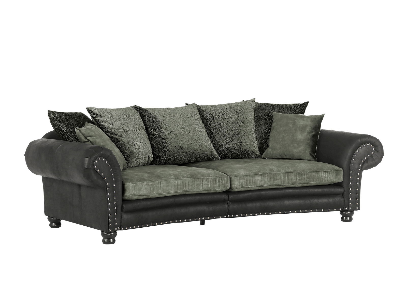 Großes, rundes Megasofa in dunklem Grün und Schwarz mit mehreren Kissen, seitliche Perspektive