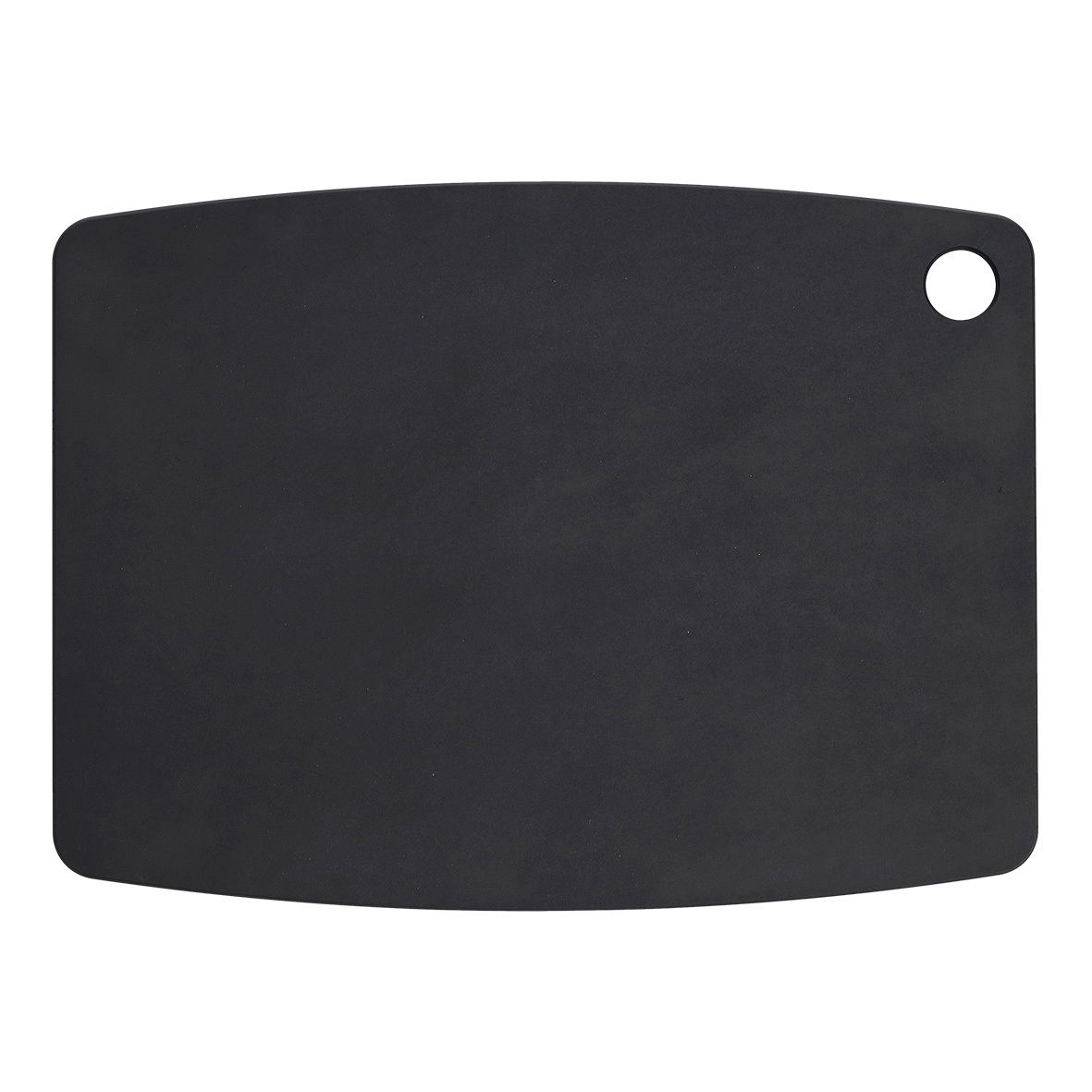 Zeller Present Schneidebrett Holzfaserlaminat ECO Schwarzes Schneidebrett aus Holzfaserlaminat mit abgerundeten Ecken und Loch zum Aufhängen, Draufsicht.