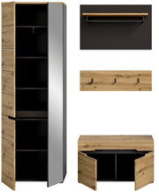 Garderobenkombination aus Holz und Metall mit Spiegel, bestehend aus einem hohen Schrank mit Spiegel, einer Wandgarderobe mit Haken, einem Regalbrett und einer Sitzbank mit Stauraum. Frontalansicht.