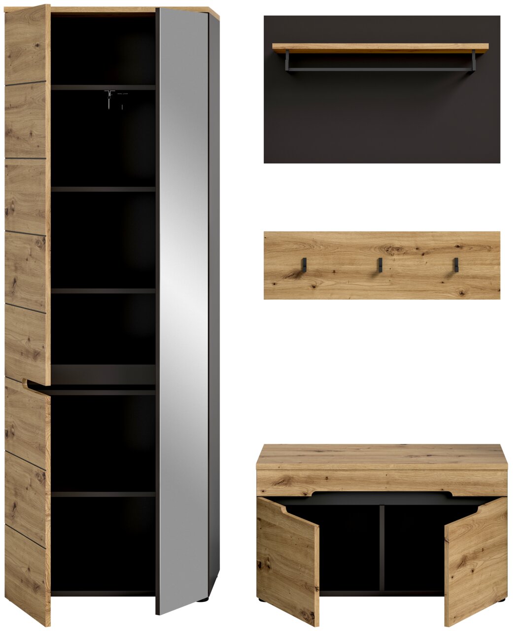 Garderobenkombination aus Holz und Metall mit Spiegel, bestehend aus einem hohen Schrank mit Spiegel, einer Wandgarderobe mit Haken, einem Regalbrett und einer Sitzbank mit Stauraum. Frontalansicht.