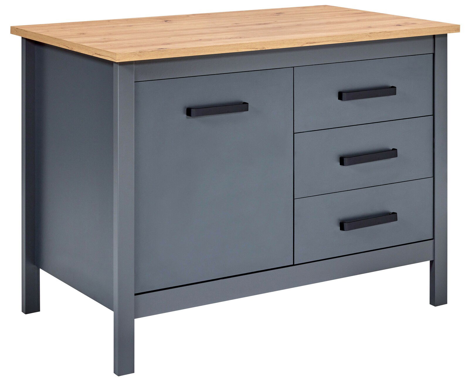 Kücheninsel mit grauem Korpus und Holzarbeitsplatte, seitliche Perspektive